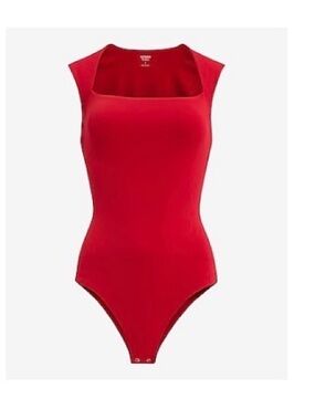Express Red Square-Neck Sleeveless Bodysuit with Snap Closure